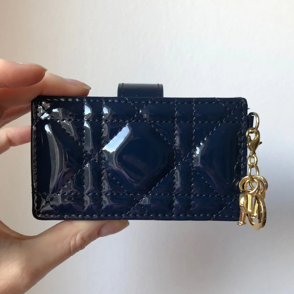 Christian Dior Lady Dior Jasmine Card Holder Wallet In Blue Patent Leather